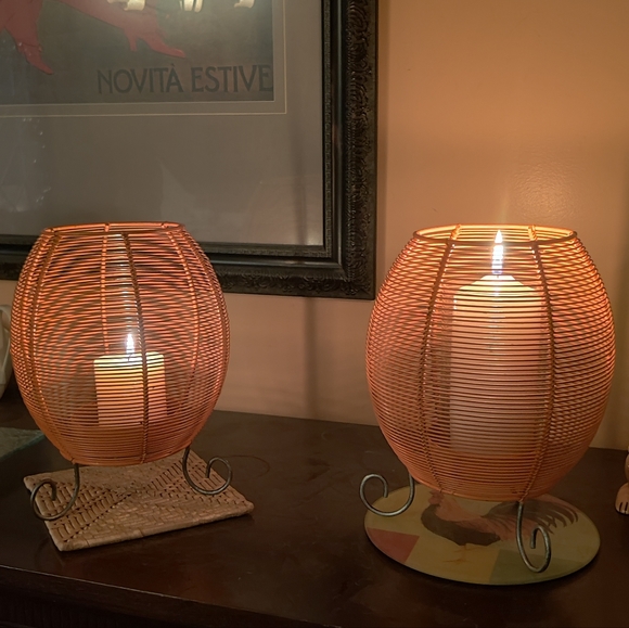 Pair Metal Patio Lanterns Oval Wire Baskets, Candle Holders 11" Tall Refurbished - Picture 8 of 16